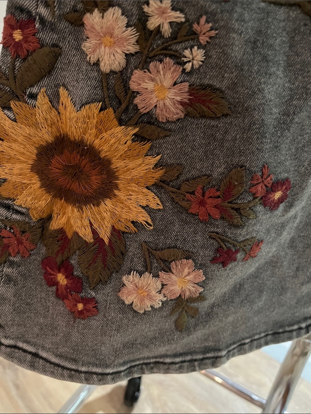 Women's Grey Flare Jeans with Sunflower Embroidery - Picture 7 of 8